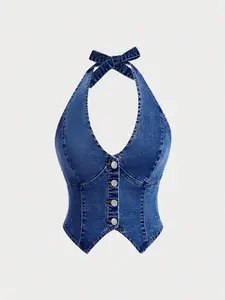 Women's Casual Halter Neck Back Tie Front Button Denim Blouse For Summer - Light Wash Asymmetrical Tie-Front Design, Regular Fit, Cotton-Viscose Blend, Machine Washable - Fabric