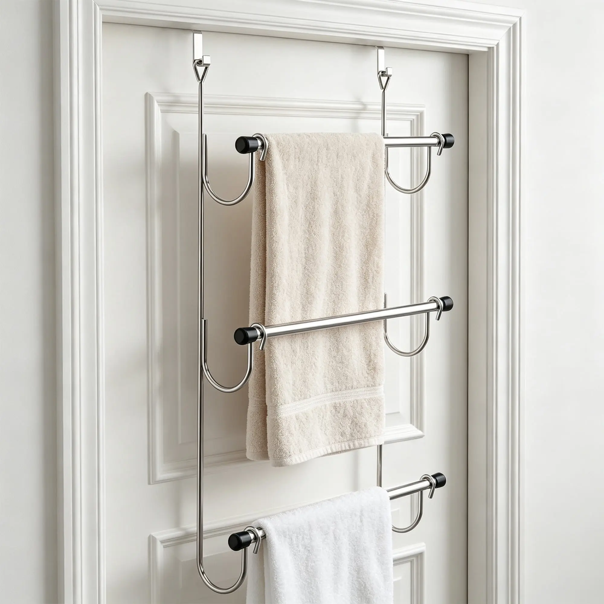 3 Tier Over-The-Door Stainless Steel Towel Rack, No-Drill Space-Saving Hanging Holder for Bathroom Storage