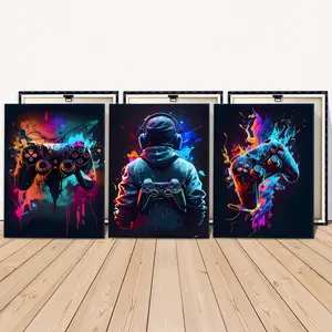 3 Counts Wooden Framed Canvas Painting, Neon Color Game Controller Art, Exquisite Poster, Perfect Living Room Decoration, Modern Art, Fashion Family Poster, Wall Art Decoration, Waterproof Art, Hanging Wall Art