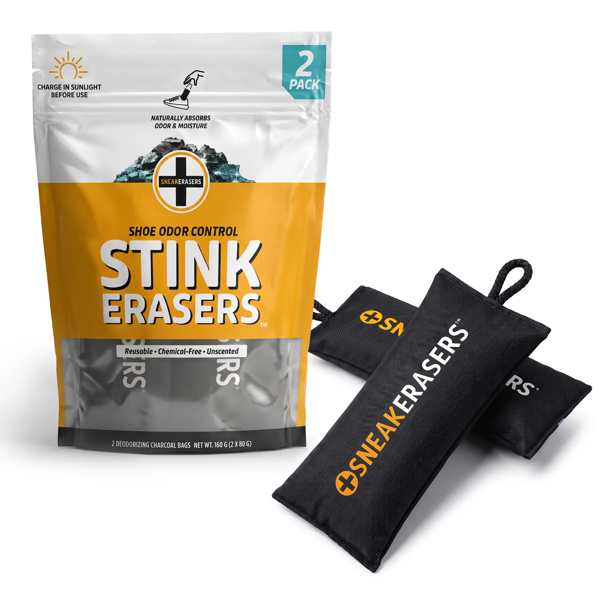 StinkERASERS Activated Charcoal Shoe Deodorizer Bags, 2 Pack