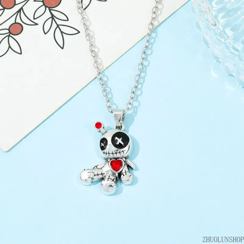 Vintage Silver Stitched Red Heart Voodoo Doll Pendant Choker Necklace, Cartoon Spooky Devil Doll Chain, Gothic Y2K Dark Aesthetic Jewelry, Halloween Party Gift for Men & Women