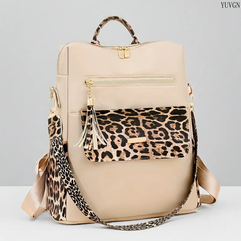 Preppy Gym Bags for Students - Nylon Backpack with Solid Color, Leopard Print Accents, Adjustable Straps, Zipper Closure, Multi-Functional Polyester Lining for College & Travel