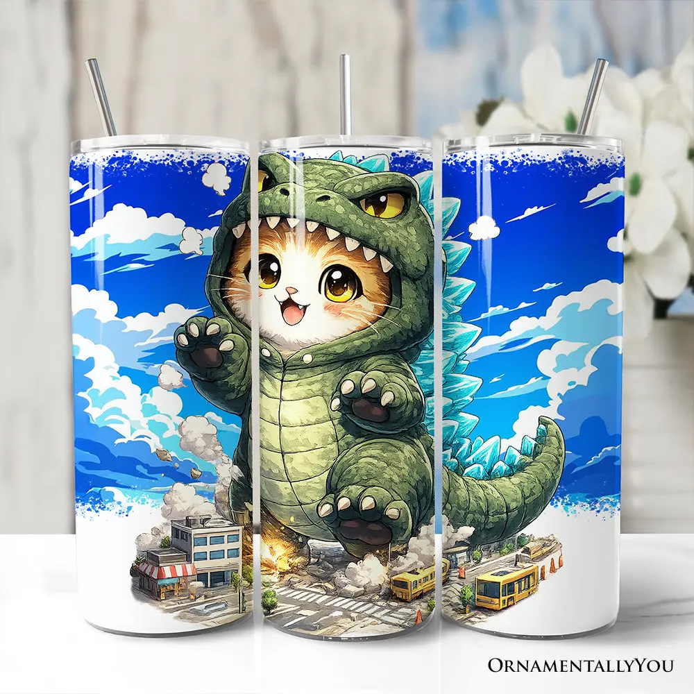 Kawaii Cat Kaiju City Destroyer 20oz Personalized Tumbler With Lid and Stainless Steel Straw, Japanese Anime Gift Cup