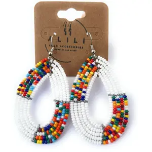 Alili Bold Accessories  Statement Rainbow White and  Mixed Long Handmade Beaded Earrings Lightweight