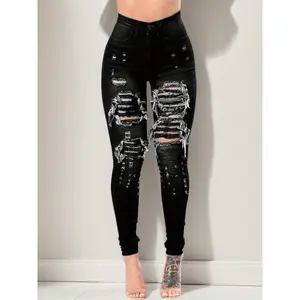 High-Waisted Elastic Ripped Jeans for Women in Autumn, Casual Street Style Basic Jeans, Women'S Apparel And Denim