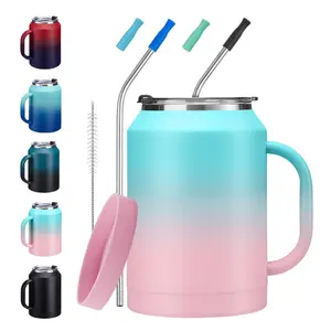 50 oz Tumbler Mug with Handle and Straw - 2-in-1 Lid, Silicone Water Bottle Boot, Stainless Steel Coffee Mugs, Double Wall Insulated Water Cup Keep Cold-36H&Hot-24H, 50oz Large Tumbler Jug