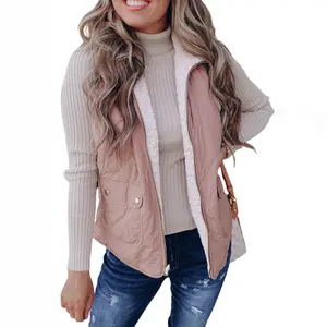 MULLVEIG Women's Fleece Lined Quilted Zip Up Vest Coat with Pockets and Gold Buttons for Fall Winter Outerwear