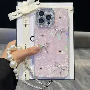 bezel Clear Heart Pattern Aesthetic Protective Phone Case Bowknot Pattern Phone Case with Beaded Lanyard Anti-fall Protection Decorative Phone Protector Cover, Shockproof Phone Accessories Compatible with iPhone 17 16 12 13 14 15 Pro Max, Gifts For Girl