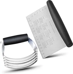 Stainless Steel Pastry Blender Cutter and Bench Scraper Set, Efficient Multipurpose Kitchen Baking Essential Tool with Comfortable Grip Handle-Perfect for Nut, Pie and Dough Processing - Black