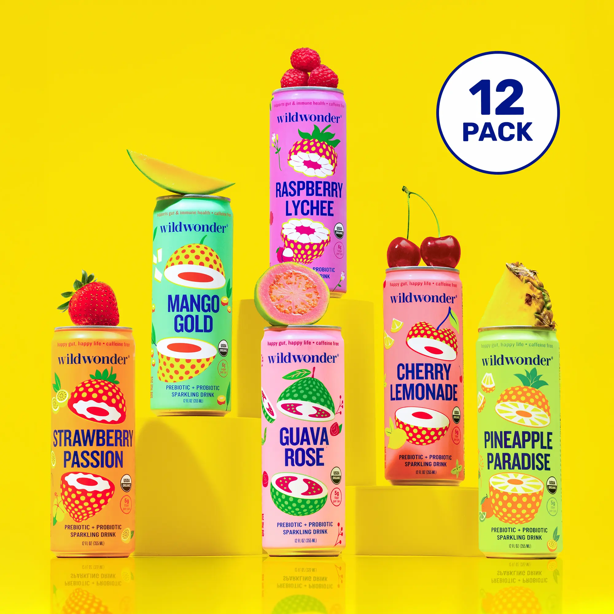 wildwonder Organic Sparkling Probiotic Fruit Drink Cans - 6-12pk Nonalcoholic Sparkling Option, 5g Prebiotic Fiber, Live Probiotics, Vegan, Low Sugar Gut Health Beverage, Rose Cherry Pineapple Raspberry Flavors, Refrigerated Real Fruits Summer Pick