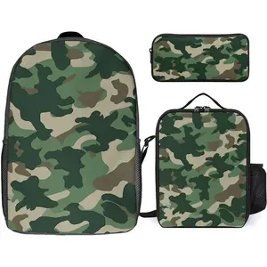3 Piece Backpack for Women Men Lightweight Causal Daypack Shoulder Bag Set with Insulated Lunch Bag And Pencil Case Organizers Camouflage Green