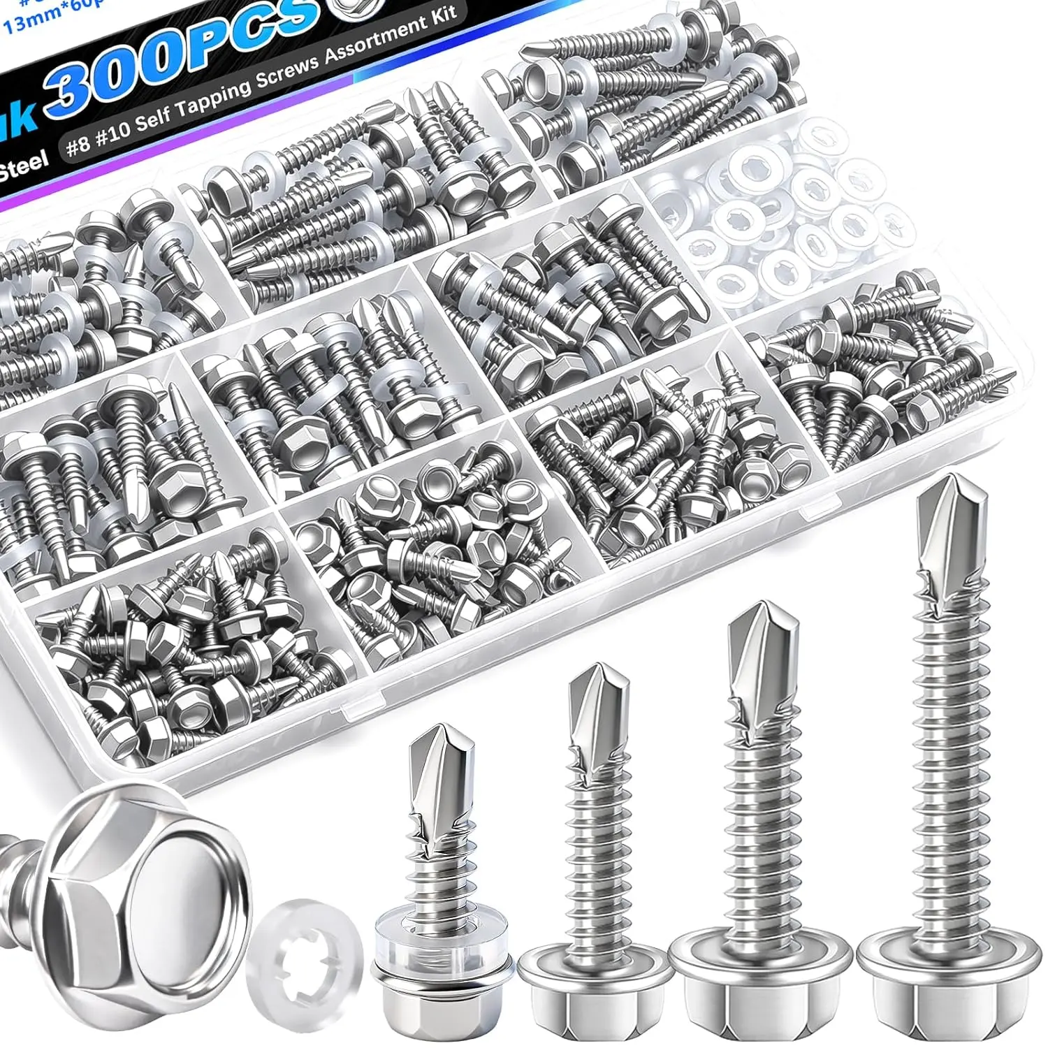 300 count #8#10 Self Tapping Screws for Metal,410 Stainless Steel Self Drilling Screws,1/2",3/4",1",1-1/2" Hex Washer  Sheet Metal Screws Suitable for Metal,  with 150 count Washers