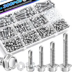 300 count #8#10 Self Tapping Screws for Metal,410 Stainless Steel Self Drilling Screws,1/2",3/4",1",1-1/2" Hex Washer  Sheet Metal Screws Suitable for Metal,  with 150 count Washers