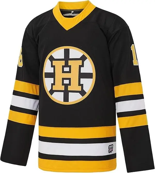 Men's Happy Gilmore #18 Stitched Long Sleeve Hockey Jersey - Male, Breathable Black Gold White Horizontal Striped Mesh Uniform with Circular H Logo, Loose Cosplay Shirt for Theme Parties, Game Day Outfits, Horizontal Stripes, Cosplay Events, Deep V Neck,,