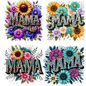 4 Pack Mother's Day Heat Transfer Vinyl Stickers Sunflower and Mom Letter Decals Bright Mixed Color DIY Clothing Patches for T Shirts Backpacks Fabric Crafts