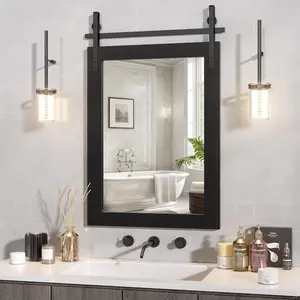 Farmhouse Bathroom Mirror, 22"x30" Rustic Framed Wall Mounted Mirror, Black Vintage Vanity Mirror Barn Door Style Decrative Mirrors