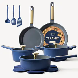 CAROTE Ceramic Cookwar Set, Pots and Pan Set Non Stick 16 Piece, Cookware Set Kitchen Cooking Set Non Toxic, PFAS PTFE Free, Blue