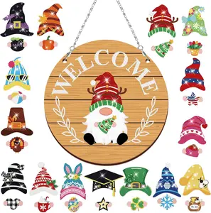 Interchangeable Wooden Gnome Decor Sign for Front Door Farmhouse Front Wall Outdoor Seasonal Welcome Sign  with Magnet Pieces and Detachable Hats Changeable Welcome Sign for Home Decorations