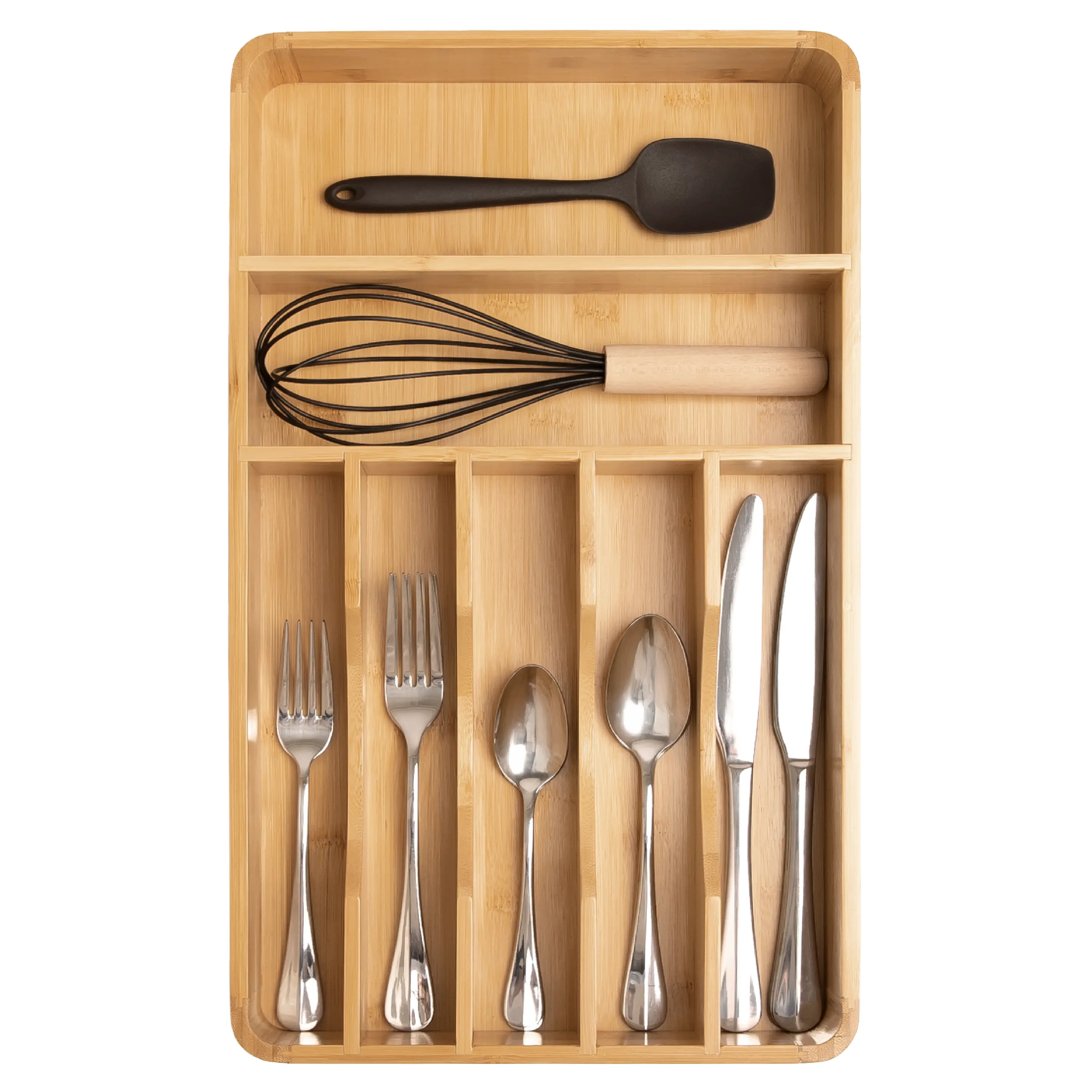 Silverware Organizer - Cutlery, Flatware, and Utensil Holder for Kitchen Drawers, Fixed 10.5” Width, 7 Storage Compartments, Non-Slip Feet, Rounded Corners, 100% Bamboo