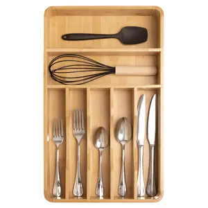 Silverware Organizer - Cutlery, Flatware, and Utensil Holder for Kitchen Drawers, Fixed 10.5” Width, 7 Storage Compartments, Non-Slip Feet, Rounded Corners, 100% Bamboo