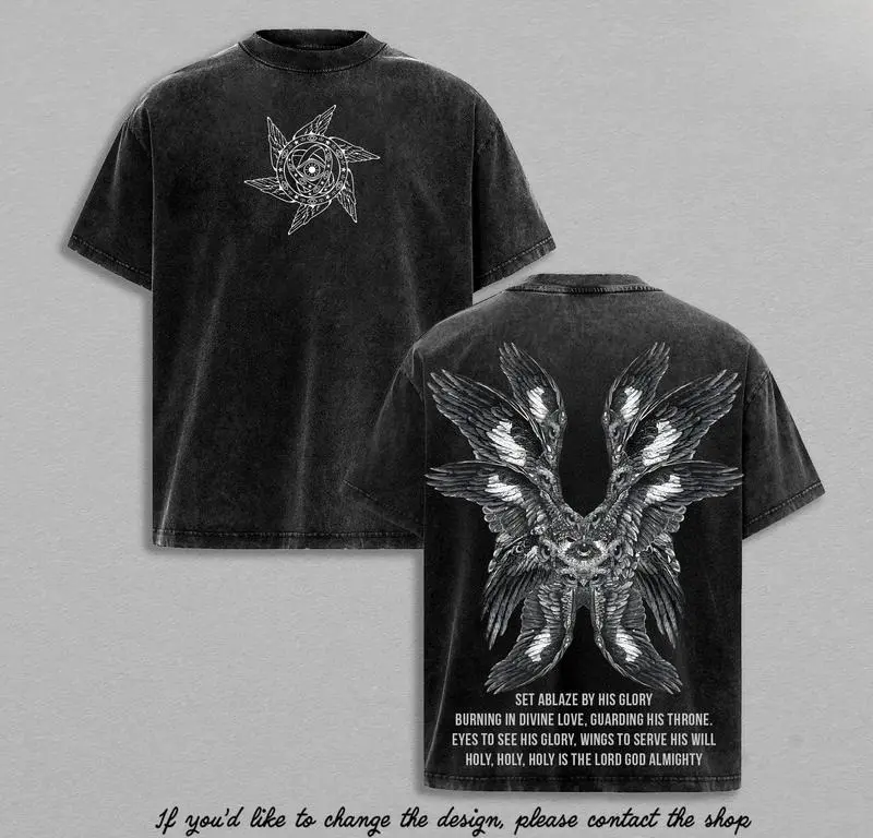 Seraphim Angel Tee | Set Ablaze by His Glory Shirt | Christian Vintage Washed Oversized T-Shirt | Wings of Fire Divine Love Graphic | Holy Faith Jesus Apparel Christian Bible Verse