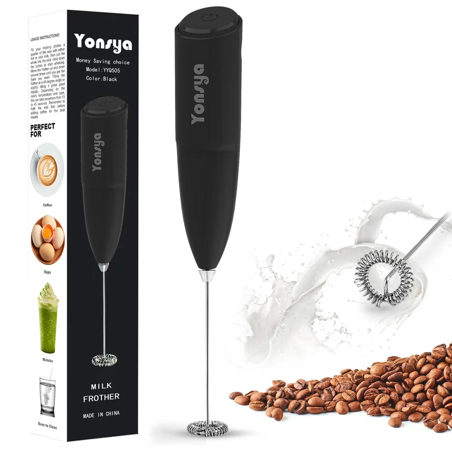 Yonsya Cordless Battery-Operated Electric Milk Frother - Handheld Kitchen Appliance, Coffee Equipment, Whisk, Mini Drink Mixer for Lattes, Cappuccino