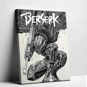 Berserk Guts Canvas Wall Art - Black and White Manga Panel Print, Berserker Armor Dark Fantasy Anime Poster for Gamer Room, Kentaro Miura Epic Swordsman Home Decor