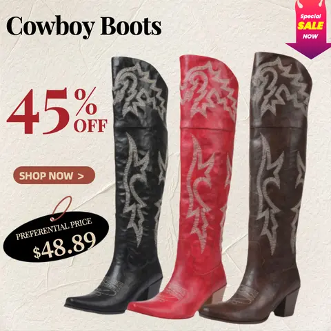 Women's Classic Western Cowboy Boots - Flame Embroidery, PU Leather Footwear, Block Heel, Casual Style, Knee-High/Mid-Calf, All-Season Wear, Business Easy Pick, Cute Women's Shoes