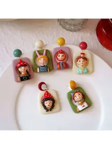 Handmade Retro Colorful Cartoon 3D Character Earrings & Clips, Personalized Style for Women, Fit Both Pierced and Non-pierced Ears
