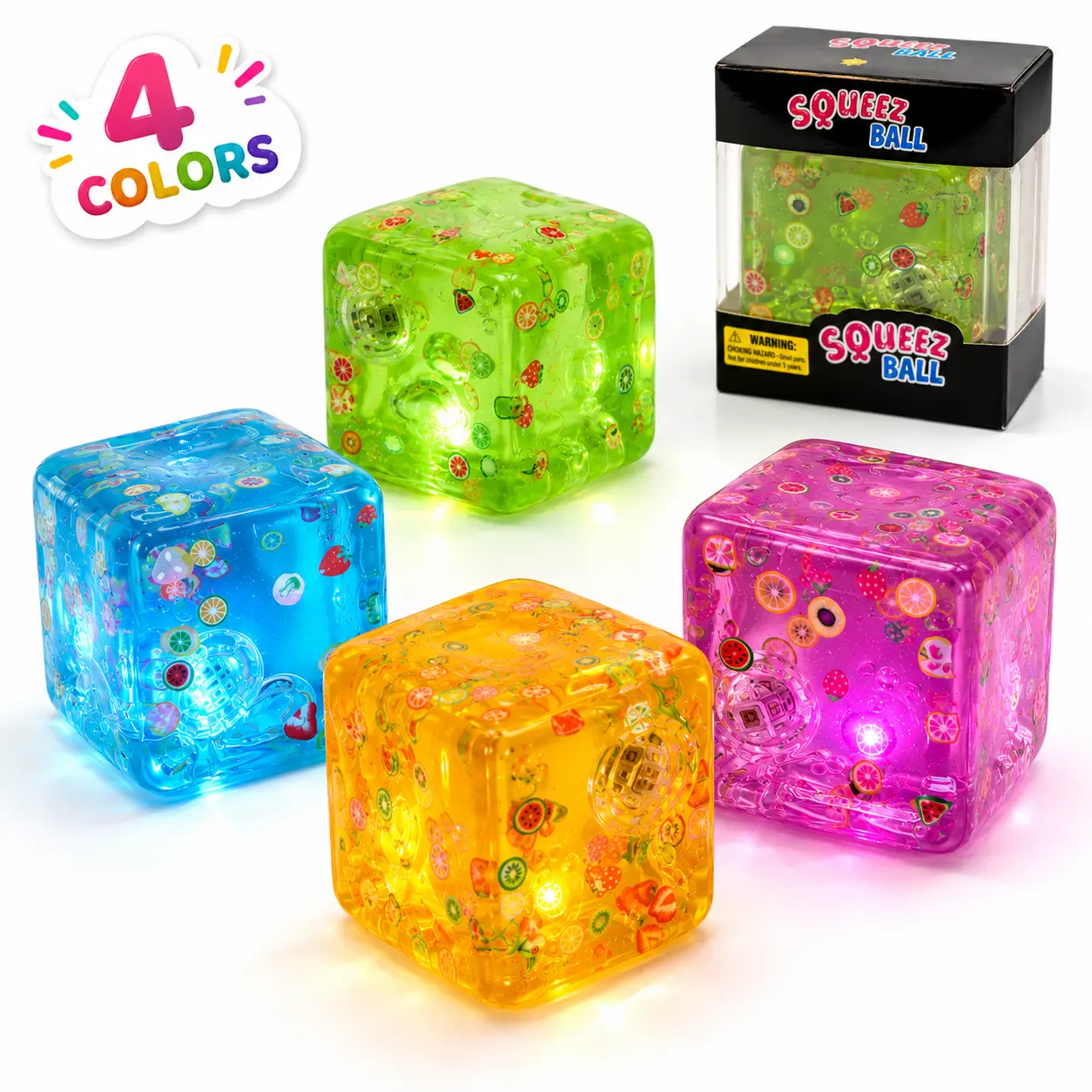 4-Pack Light-Up Malt Sugar Squishy Cubes, 2 x 2 Inch High-Density Soft Slow-Rising Stress Relief Fidget Toys, Sensory Squeeze Toys for Kids and Adults, Birthday Gifts, Party Favors, Classroom Prizes for Boys and Girls