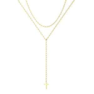 TEWIKY 14K Gold-Plated Double-Layer Necklace with Lip Chain Y-Shaped Lip Chain Smooth Cross Pendant, Elegant Design, Precious Valentine's Day Gift, Easter, Suitable for Various Occasions