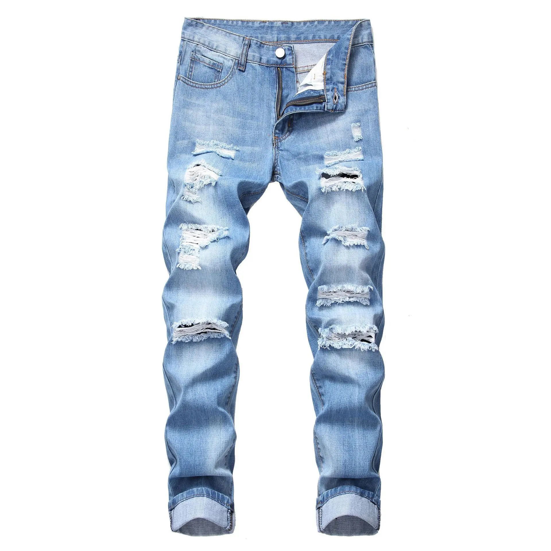 Men's Ripped Straight Leg Slim Fit Non-Stretch Jeans - Non-Baggy, Better-Fitting, Cut-Out, Decorated Full-Length Distressed Casual Pants, Non-Baggy Men's Jeans, Full-Length Men's Jeans