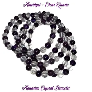 Aquarius Zodiac Crystal Bracelet | Amethyst & Clear Quartz | Intuition, Clarity & Higher Thinking | Air Sign Jewelry Gift