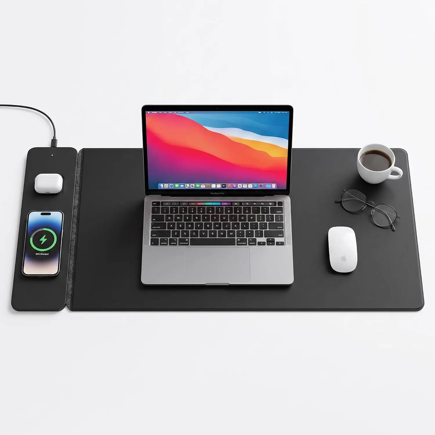 Triple C Tech Wireless Charging Desk Mat – 15W MagSafe Compatible & Qi Fast Charger, Detachable Magnetic Charger, Dual-Layer PU Leather with Hidden Felt Storage, 30.7" x 14.6", Black