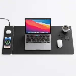 Triple C Tech Wireless Charging Desk Mat – 15W MagSafe Compatible & Qi Fast Charger, Detachable Magnetic Charger, Dual-Layer PU Leather with Hidden Felt Storage, 30.7" x 14.6", Black