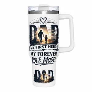 40oz Tumbler With Handle, Dad My First Hero My Forever Role Model Sunset Father Son Silhouette Print Insulated Stainless Steel Travel Mug, 12H Cold 6H Hot Leakproof Straw Cup, Meaningful Father’s Day Birthday Gift for Dad Papa Stepdad