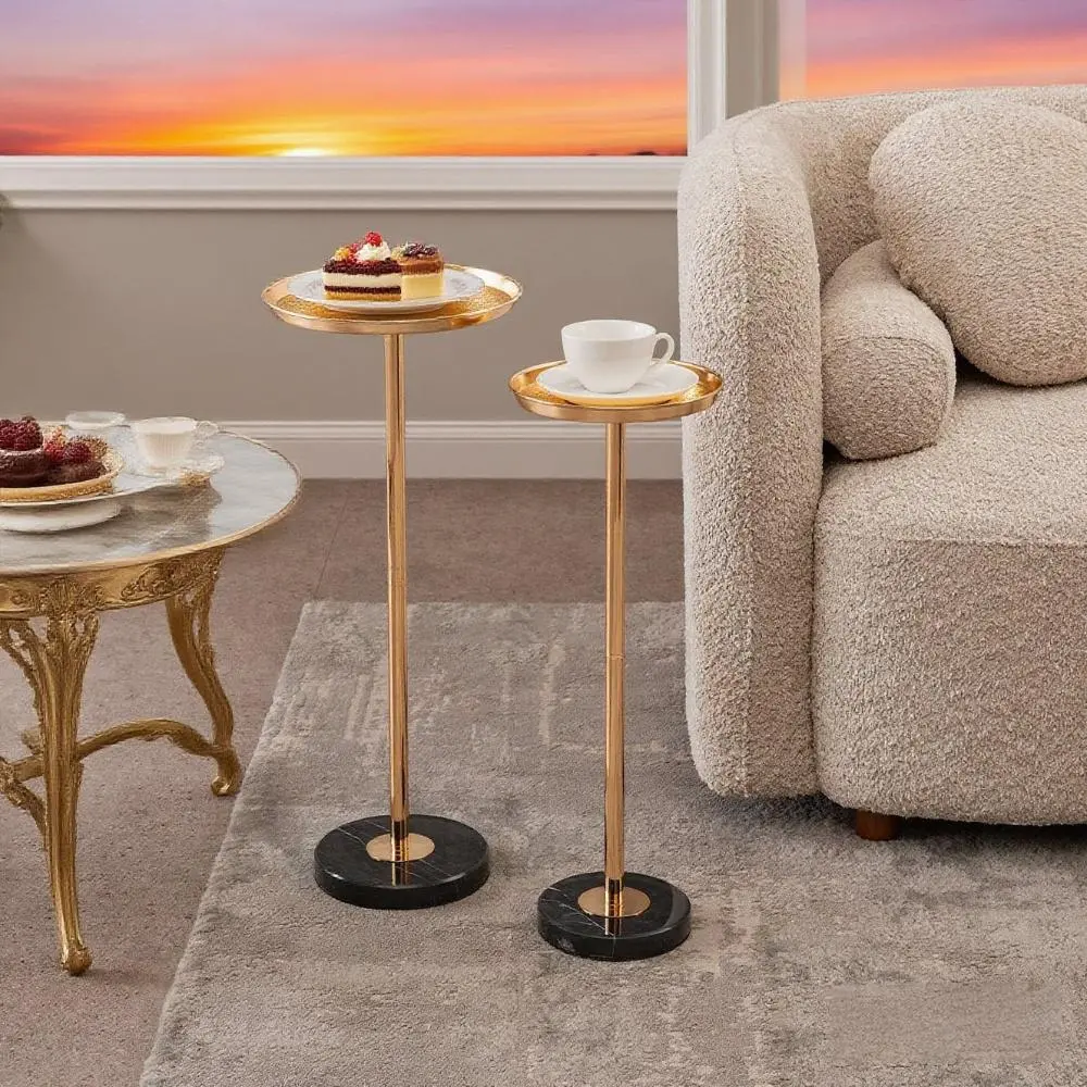 2-piece Set, Adjustable Side Table, Small Martini Coffee Table, Natural Marble Decorative Base, Display and Storage Dual-purpose Side Table