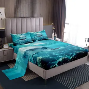 3D Shark Bed Sheets Marine Life Ocean Shark Sheet Set Sea Underwater Fitted Sheet Aquatic Animal Bedding Set,Nautical Flat Sheet Room Decor Sheets,Blue White