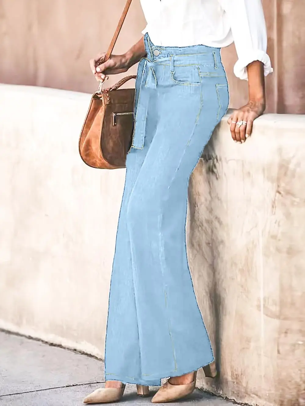 Women's High-Rise Sash-Tie Wide-Leg Jeans, Casual Light Blue Denim Trousers with Adjustable Belt Bottoms Breathable Fabric Womenswear Cropped Curvy