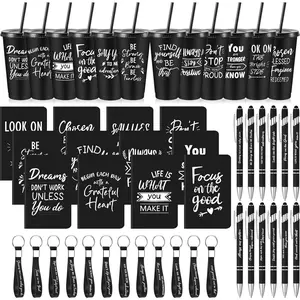 48 count Inspirational Gifts for 24 Employee Appreciation Gifts Bulk, Motivational 24oz Plastic Cups and Pens Notebooks Keychains Set, Staff Coworkers Volunteer Positive Affirmation (Black)