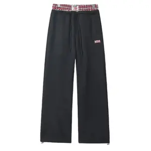 Men’s Y2K checkered patchwork athletic pants — stylish high-waisted loose-fit black; polyester summer streetwear bottoms for men