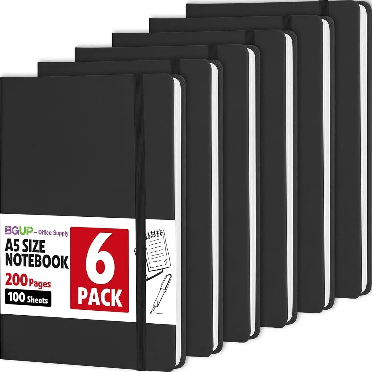 6 Pack Lined Journal Notebook for Work, 200 Pages, Medium 5.5 in x 8.3 in, A5 College Ruled, Hardcover Journaling Notebooks for Writing, Note Taking, Fit for Business Work School Home (Black)