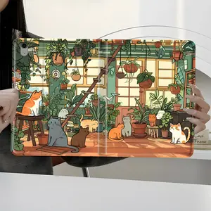 Plants Cozy Greenhouse Tablet Case, Elegant Warm Cats Shockproof Full-Body Protection Book-Style Stand Cover with Pencil Slot, Fits 7.9/8.3/10.2/10.5/10.9/11/12.9/13 Inch Tablets, Durable Case for Home Office School, Ideal Gift for Cat Lovers