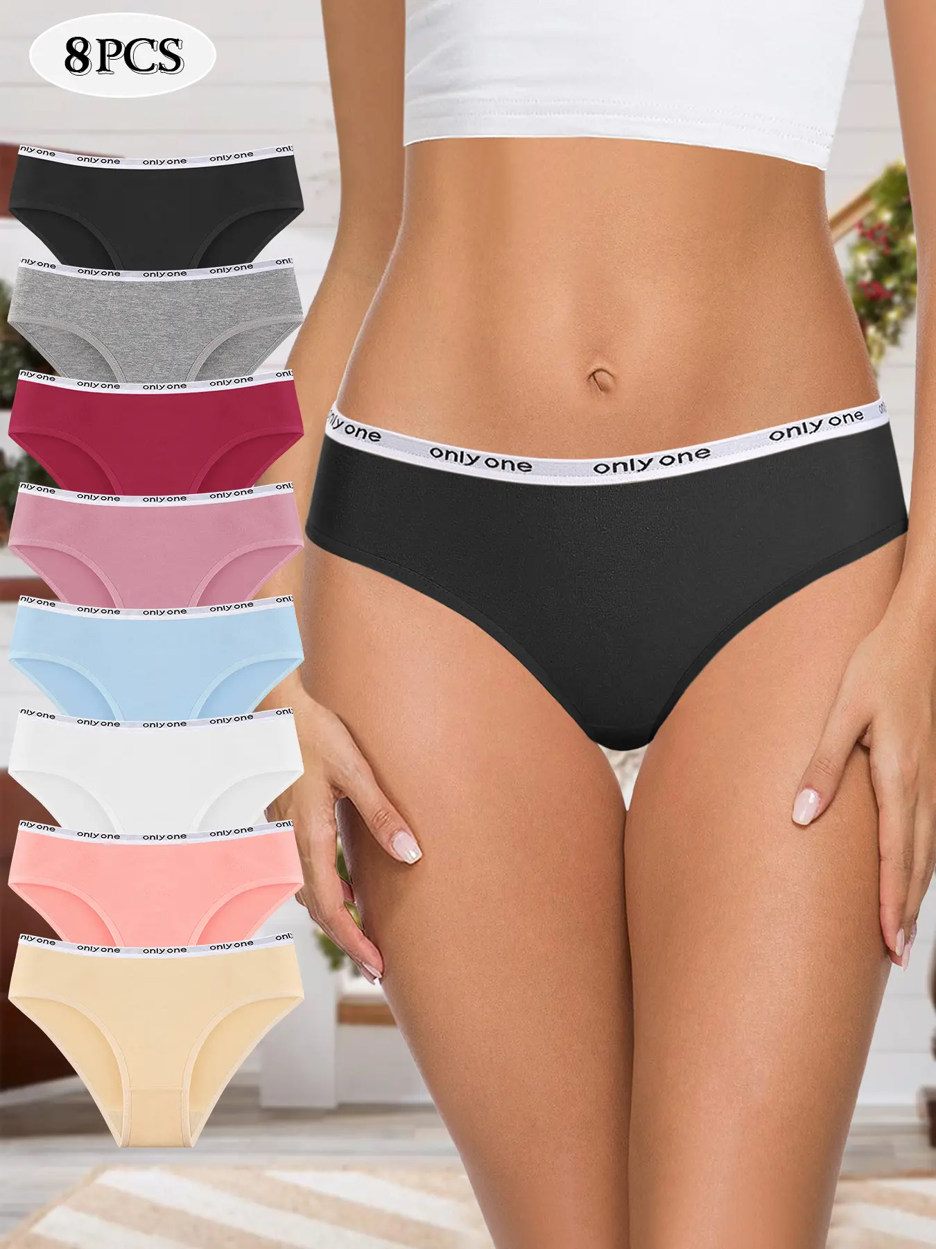 8-pack women’s cotton low-rise panties with lettered elastic waistband; sporty and casual styles, simple yet playful; breathable, soft, stretchy shorts with extended crotch; suitable for bikini beach outfits; multicolor women’s everyday underwear set; sex