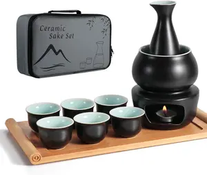 Ceramic Sake Set with Warmer Pot Tray, Stovetop Porcelain Pottery Hot Saki Drink Bottle, 10 count Set 1 Stove 1 Warming Bowl 1 Sake Bottle 1 Tray 6 Cup Keep Sake Storage Box (Black)