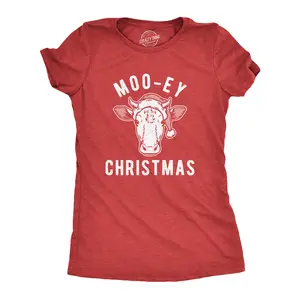Womens Moo-ey Christmas T Shirt Funny Holiday Festive Cow Merry Xmas Graphic Tee Funny Womens T Shirts Cute Vintage Fashion Casual Ladies T-Shirt Gift Christmas Tops for Women Funny Animal Top Women's Novelty Red