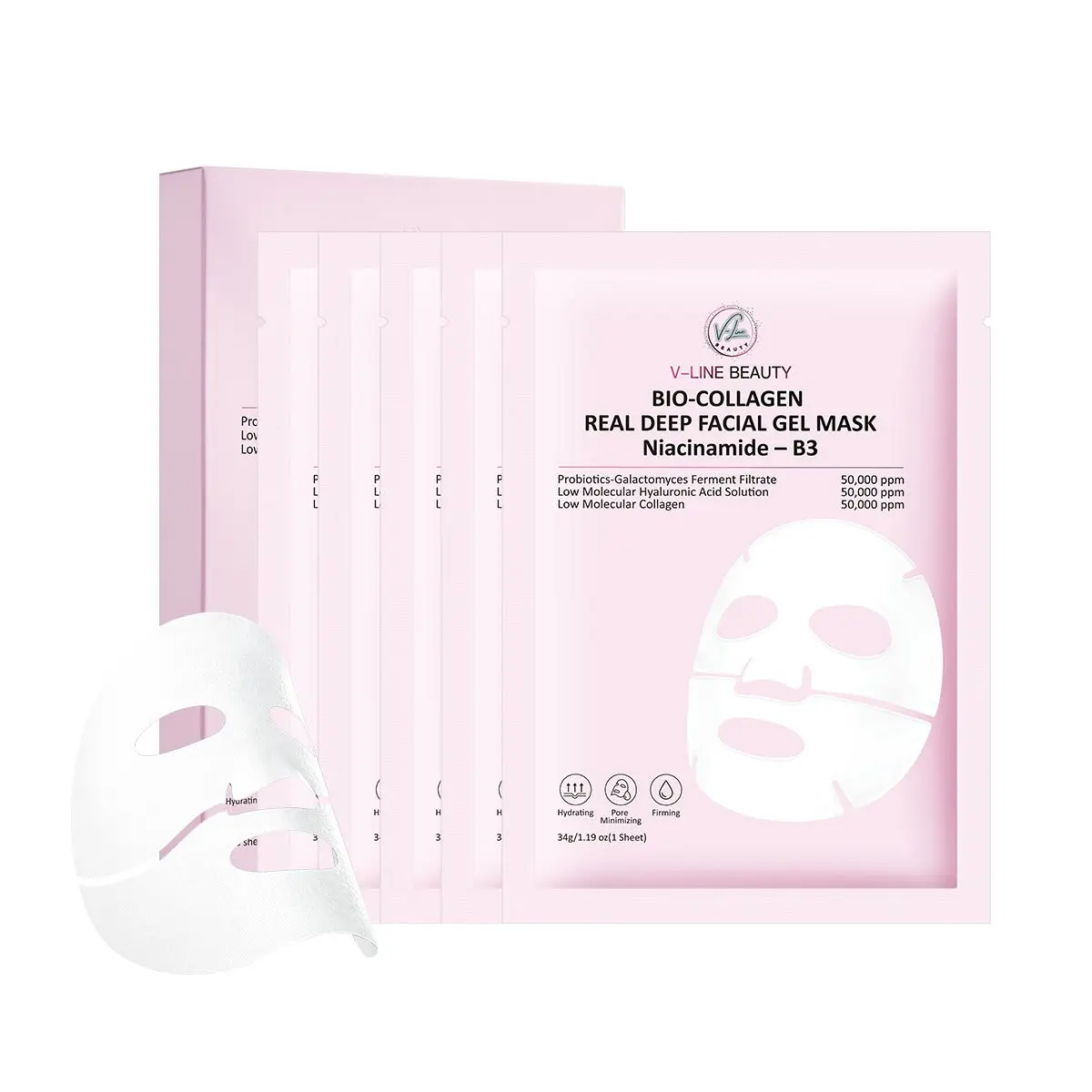 V-Line Beauty Bio-Collagen Real Deep Facial Gel Mask Niacinamide B3 34g x5ea Hydrating Pore Minimizing Firming Overnight Mask