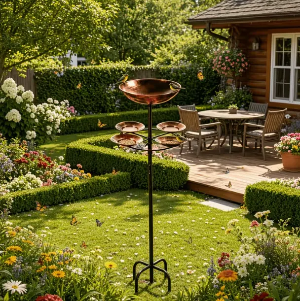 Retro-Distressed Red Bronze Metal American-Style Freestanding Bird Feeder - Multi-Functional for Food, Drinking, Bathing, Year-Round Use, 110cm Height, Easy to Assemble, for Gardens, Bird Watchers (Home Supplies Decor), Thoughtful Gift, Patio, Antique Bro