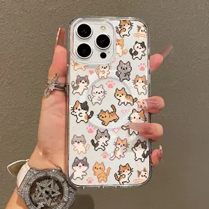 Trendy Magnetic Case for iPhone11/12/13/14/15/16/17/promax, Pixel Kitten Pattern Ultra Slim, MagSafe Support, Shockproof | Playful & Fun Style