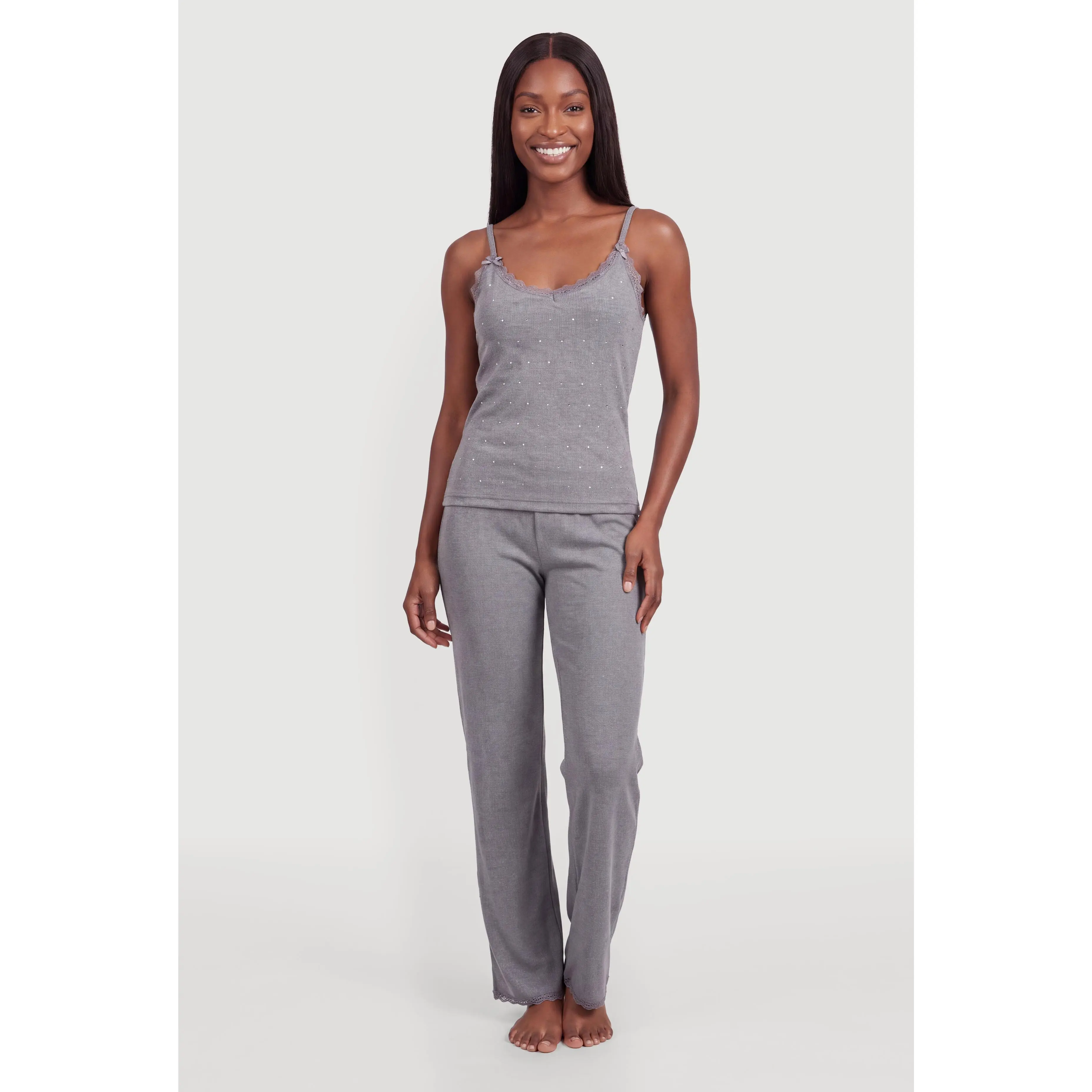 Lace Trim Rhinestone Studded Pajama Cami and Lounge Pants